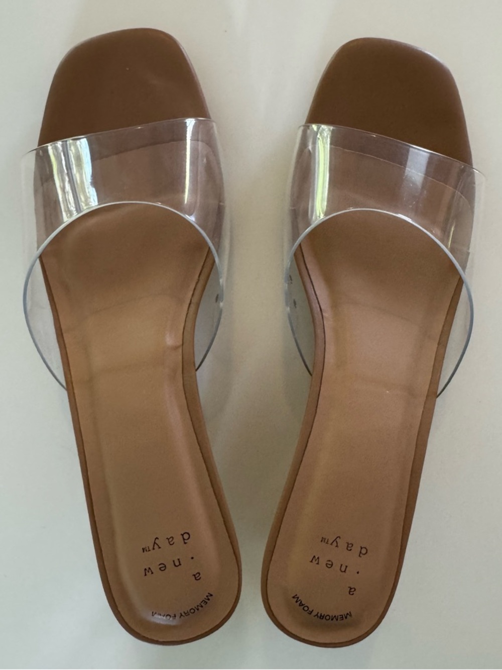 a new day Tan Slide Sandals with Clear Strap - Size 9 - 1 1/2 inch heel.